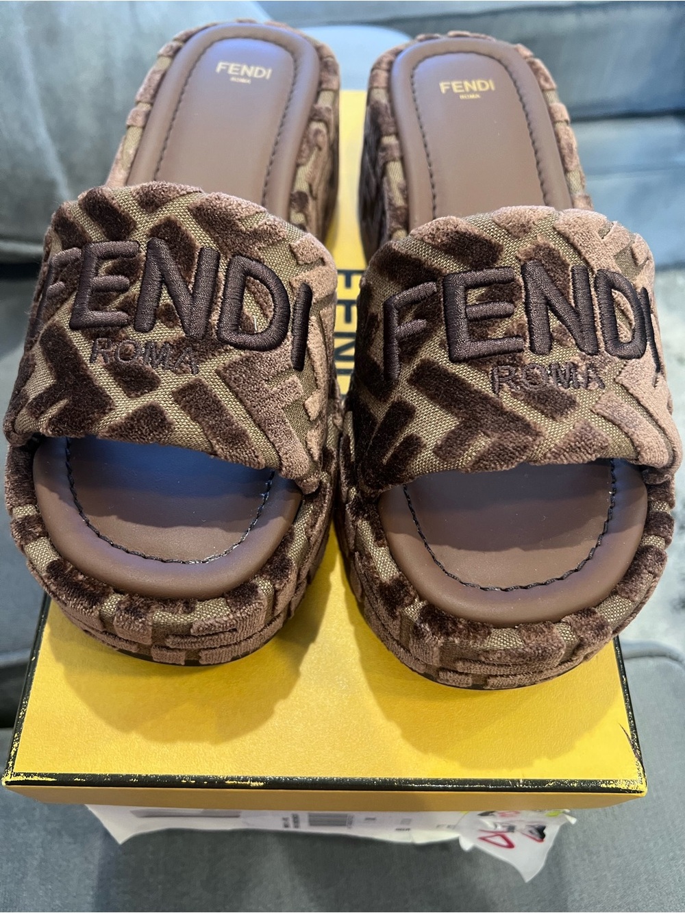 AUTHENTIC FENDI Brown Platform Logo Slide Sandals - Women